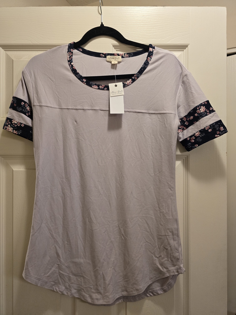 Ultra Flirt Lavender Short Sleeve Tee with Navy Floral Trim
